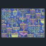 Chic Blue Gold Menorah Star of David Hanukkah Tissue Paper<br><div class="desc">This holiday tissue paper feature a chic pattern of gold,  green and purple menorah and gold Star of David on a blue background. Designed by world renowned artist Tim Coffey.</div>