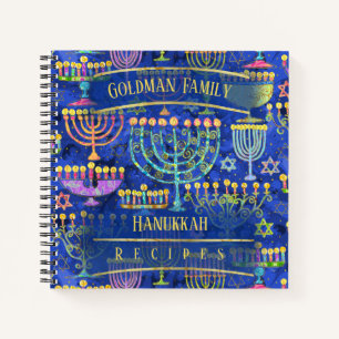 Chic Blue Gold Menorah Star of David Recipe Notebook