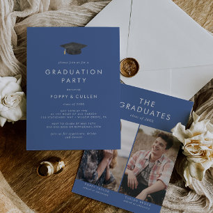 Chic Blue Grad Cap Photo Double Graduation Party Invitation