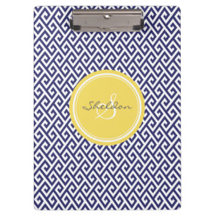 Chic blue greek key geometric patterns monogram clipboard