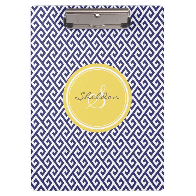 Chic blue greek key geometric patterns monogram clipboard (Front)