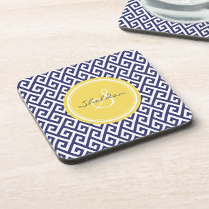 Chic blue greek key geometric patterns monogram coaster