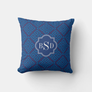 Chic blue greek key geometric patterns monogram cushion