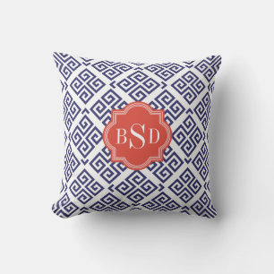 Chic blue greek key geometric patterns monogram cushion