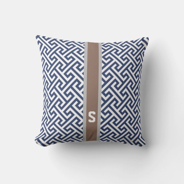 Chic blue greek key geometric patterns monogram cushion (Front)