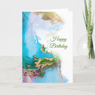Chic Blue Green Gold Abstract Birthday Card