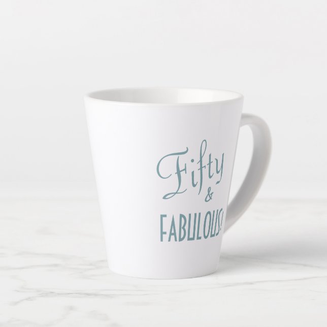 Chic Blue Green Script Fifty & FABULOUS! Birthday Latte Mug (Right Angle)
