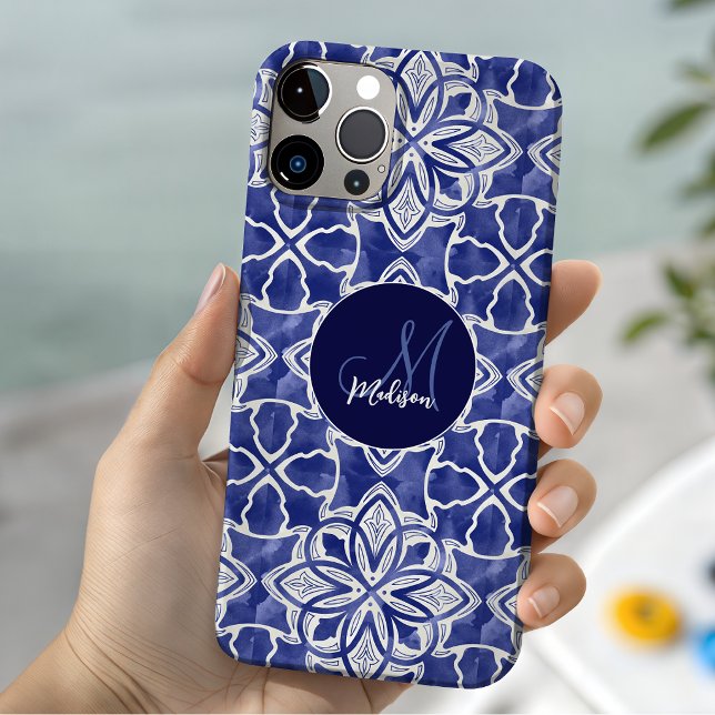 Chic Blue Grey Geometric Initial Monogram Case-Mate iPhone Case (Creator Uploaded)