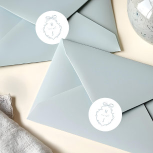 Chic Blue Hand Drawn Bow & Ribbon Monogram Crest Classic Round Sticker