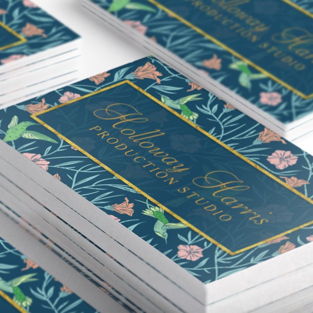 Chic Blue Hummingbird and Flowers Pattern Business Card (Close-up stacked Chic Blue Hummingbird and Flowers Pattern Business Cards-Front)