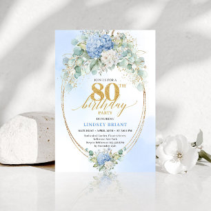 Chic Blue Hydrangea Eucalyptus 80th Birthday Invit Invitation