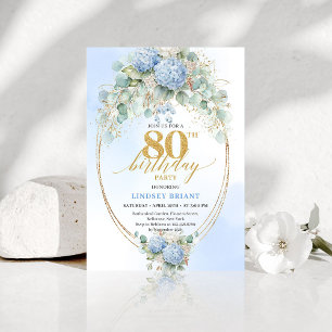 Chic Blue Hydrangea Eucalyptus 80th Birthday Invit Invitation