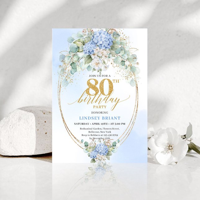 Chic Blue Hydrangea Eucalyptus Gold 80th Birthday  Invitation (Chic Blue Hydrangea Eucalyptus 80th Birthday Invite)