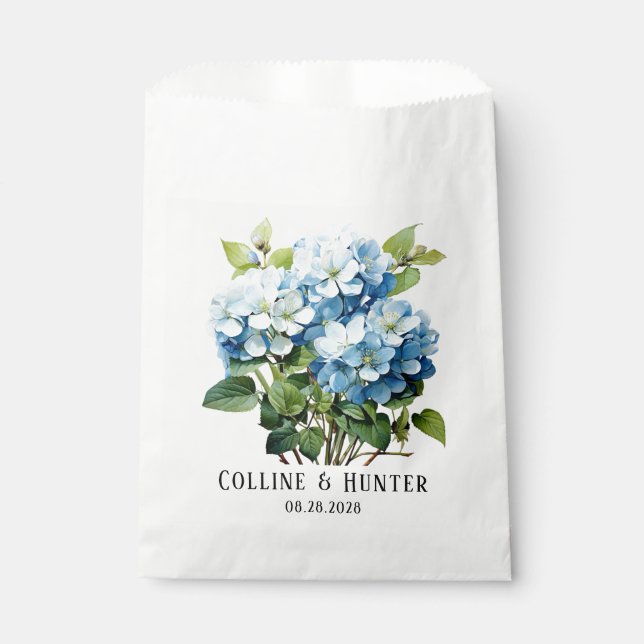 Chic Blue Hydrangea Floral Wedding Favour Bags (Front)