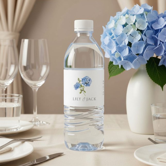 Chic Blue Hydrangea Wedding Water Bottle Label (Creator Uploaded)