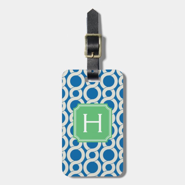 Chic blue interlocking pattern monogram luggage tag (Front Vertical)