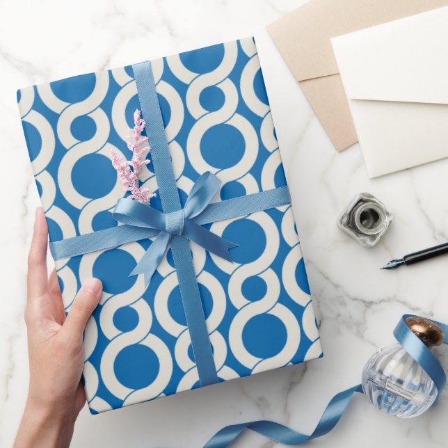 Chic blue interlocking pattern monogram wrapping paper (Gifting)