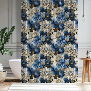 Chic Blue Ivory Floral Elegant Bath Shower Curtain