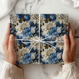 Chic Blue Ivory Floral Elegant Gift Wrapping Paper