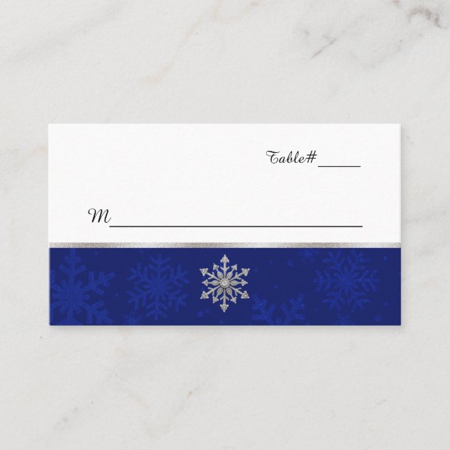 Chic Blue Jewelled Snowflake Wedding Place Card (Front)