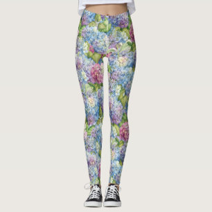 Chic Blue Lavender Hydrangea Floral Pattern Leggings