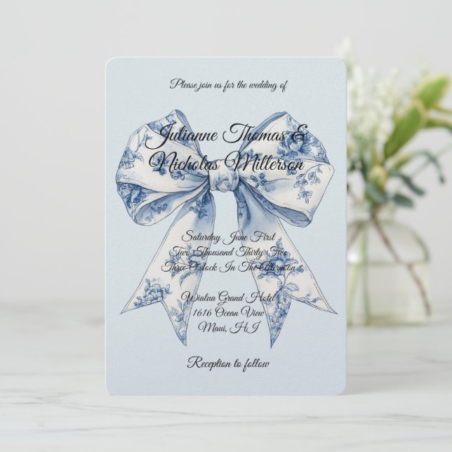 Chic Blue Light White Bow Wedding Invitation (Standing Front)