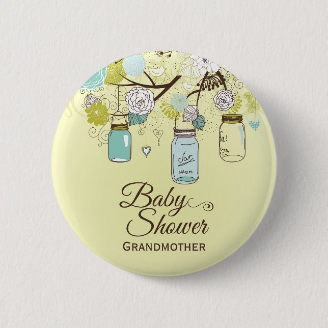 Chic blue mason jar floral baby shower button (Front)
