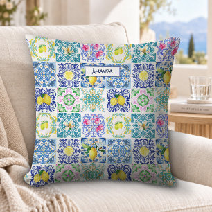 Chic Blue Mediterranean Sicilian Tile Pattern Cushion