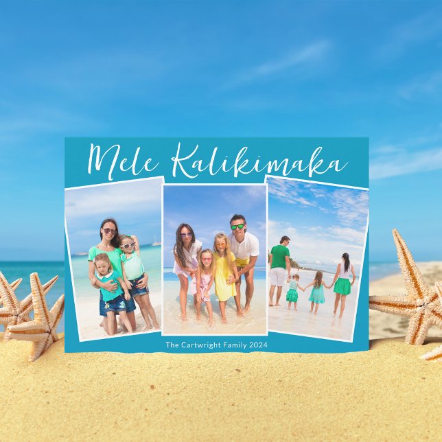 Chic Blue Mele Kalikimaka 3 Beach Photo Christmas Holiday Card (Creator Uploaded)