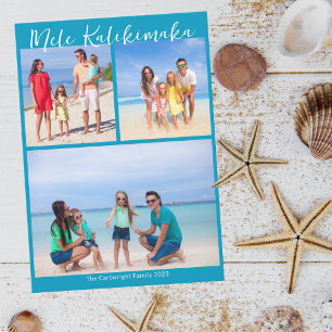 Chic Blue Mele Kalikimaka Photo Collage Christmas Holiday Card