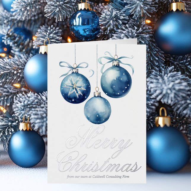 Chic Blue Merry Christmas Ornament Business Silver Foil Holiday Card (Creator Uploaded)