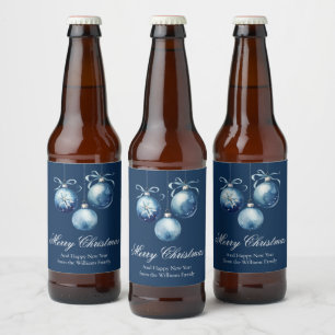 Chic Blue Merry Christmas Ornaments Customised Beer Bottle Label