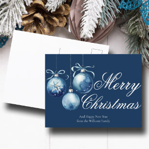 Chic Blue Merry Christmas Ornaments Customised Holiday Postcard