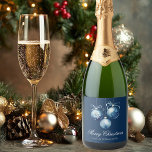 Chic Blue Merry Christmas Ornaments Customised Sparkling Wine Label<br><div class="desc">This chic non photo Merry Christmas party champagne bottle label features elegant blue cursive script next to a pretty watercolor drawing of holiday ornaments with a bow. Customise these beautiful holiday gifts for friends and family with white script.</div>