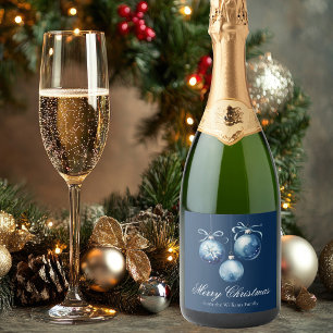 Chic Blue Merry Christmas Ornaments Customised Sparkling Wine Label