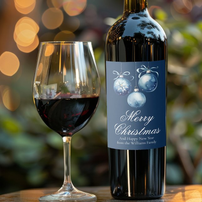 Chic Blue Merry Christmas Ornaments Customised Wine Label (Creator Uploaded)