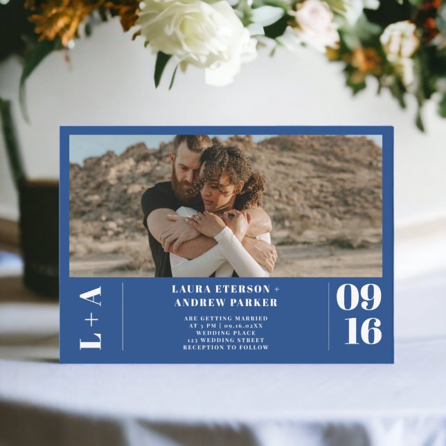 Chic blue minimalist initials 1 photo wedding invitation (Chic blue minimalist initials 1 photo wedding invitation)