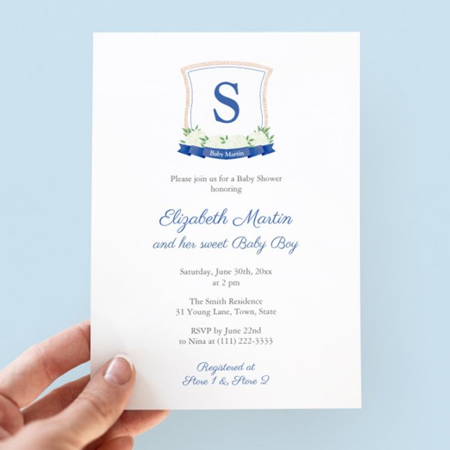 Chic Blue Nautical Monogram Boy Baby Shower Party Invitation (Sophisticated nautical baby shower invite featuring a hand painted monogram crest in blue and white)