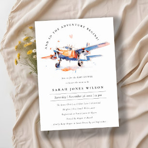 Chic Blue Orange Blush Aeroplane Baby Shower Invitation