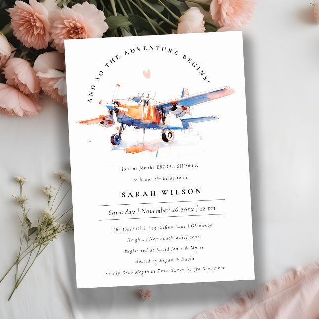 Chic Blue Orange Blush Aeroplane Bridal Shower Invitation (Creator Uploaded)