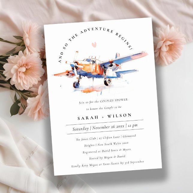 Chic Blue Orange Blush Aeroplane Couples Shower Invitation (Creator Uploaded)