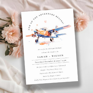 Chic Blue Orange Blush Airplane Couples Shower Invitation