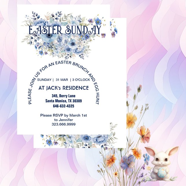 Chic Blue Pastel Floral Blooms Easter Sunday Party Invitation (Chic Blue Pastel Floral Blooms Easter Sunday Party Invitation)