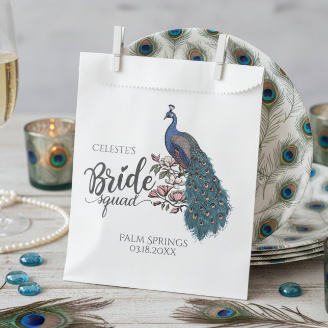 Chic Blue Peacock Bride Squad Favour Bags (Chic Floral Peacock Bride Squad Bridal Shower Favor Bags for Elegant Flower & Bird Theme Wedding)