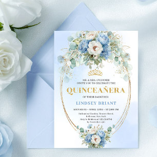 Chic Blue Peony Gold Script Quinceañera Invite