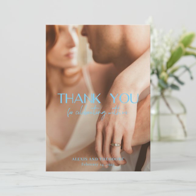 Chic Blue Photo Modern Wedding Thank You Card (Standing Front)
