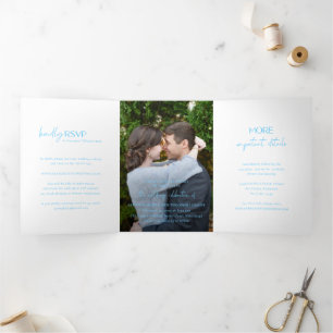 Chic Blue Photo Modern Wedding Tri-Fold Invitation