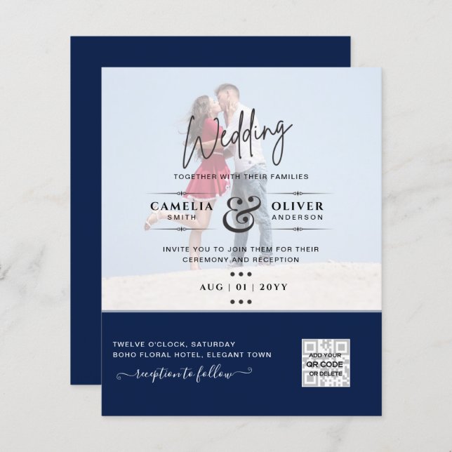 Chic Blue Photo Wedding Invite QR Code Save Date  (Front/Back)