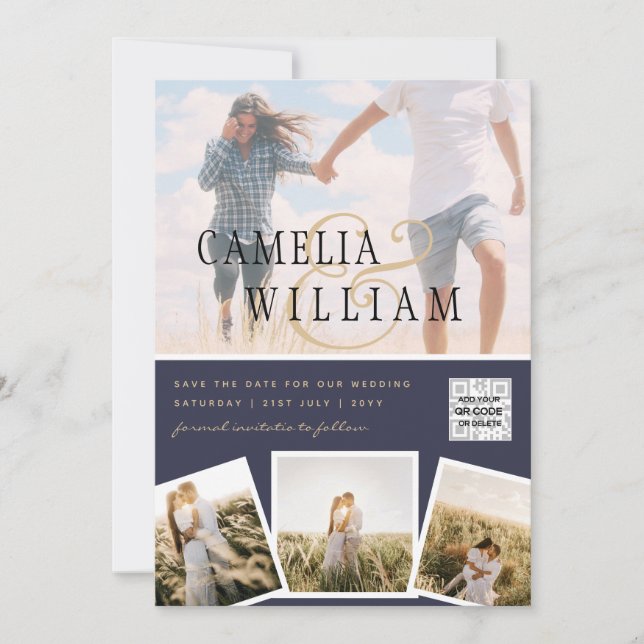 Chic Blue Photo Wedding Invite QR Code Save Date  (Front)