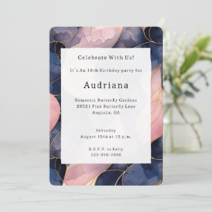 Chic Blue Pink Abstract Birthday  Invitation